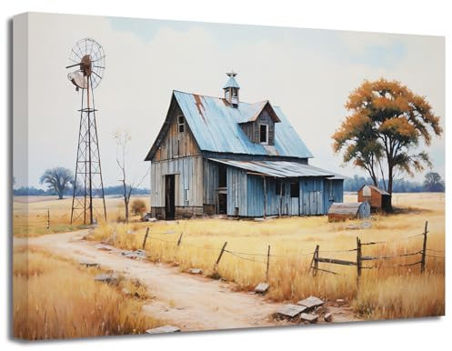 LZIMU Scheunenbild Bauernhaus Leinwand Bilder Bauernhof blaugrün alte Scheune Windmühlen Gemälde Drucke Vintage rustikales Landhausdekor Gerahmt (Bild-2, (30.00 x 45.00 cms))