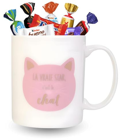 Mug Magique Chat garni d'un assortiment de 15 chocolats CELEBRATIONS, MILKA et KINDER, DAIM | Coffret Original Prêt à Offrir