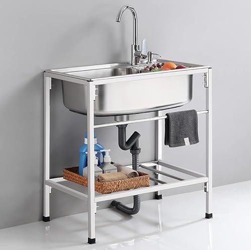 Lavandino di utilità Lavandino da cucina commerciale del ristorante Freestanding in acciaio inossidabile singola ciotola Lavaggio a mano Lavello all'aperto con rubinetto per garage, lavanderia,72cm