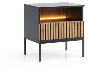 Emporius Haller Nachttisch Schwarz - Nachtschrank mit LED, hohen Beinen, Schublade und Lamellen - 54 cm breit - Nachtkästchen, Beistellschrank Modern, Elegant