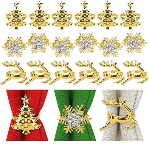 Gold Weihnachten Serviettenringe Set, 18pcs Weihnachtsbäume Elch Schneeflocke Serviettenschnalle Xmas Alloy Serviettenschnallen, Geschirr Ringe Halter für Familie Hochzeit Thanksgiving Party