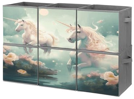 YJWANDL Foldable Storage Bins, Unicorns Print Organizer Boxes with Sturdy Handles, Collapsible Storage Containers for Closet, Shelves, Bedroom