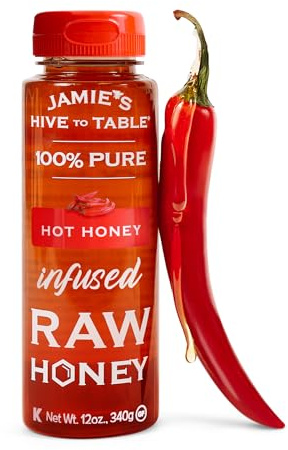 Jamie`s Hive to Table Hot Honey, 340,2 g, 100% Natural Raw Honey Infused with Extra Hot Pepper Extract, senza glutine, non OGM, Spicy Honey Perfect for Your Pizza, BBQ, Charcuterie or Cocktails