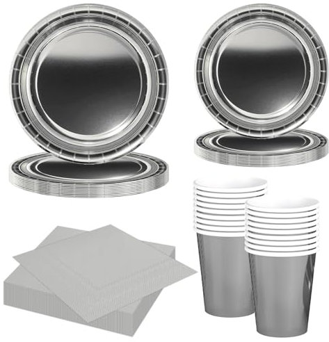 MORAINJAY Set de 68 Piezas de Vajilla de Fiesta Plata, Platos, Vasos, Servilletas, para Cumpleaños, Bodas, Baby Shower, Graduación, Aniversario, Fiestas, Suministros para 16 Invitados