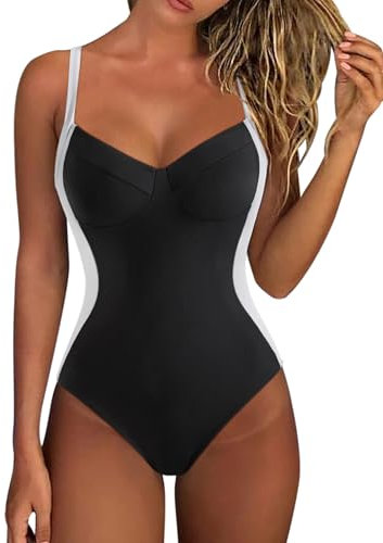 RXRXCOCO V Ausschnitt Badeanzug Damen Bauchweg Push Up Shape Bademode Rückenfrei Badeanzug Mit Cups Swimsuit Schwarz Weiß L