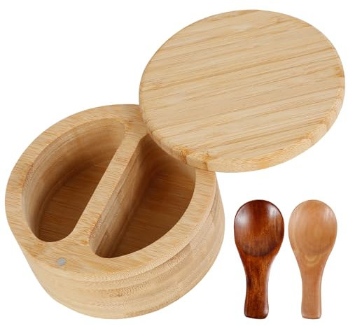 Salt and Pepper Bowls Bamboo Pepper Salt Cellar with Swivel Lid & Mini Spoon 2 Compartments Salt and Pepper Storage Box Seasoning Container Holder Spice Pot for Sea Salt Herb Sugar Tea Caddy(1pack)