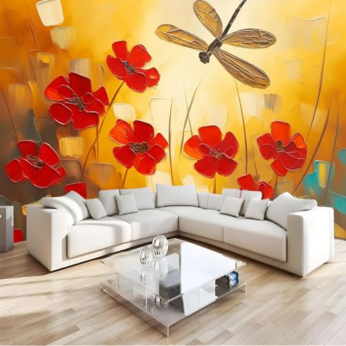 Wandtapete Aquarell rote Blumen Fototapete, gelbe Libelle Dekoration Wand-Dekor, 300 x 210 cm (B x H) Tapete Panorama Poster Für Mädchen, Jungs Schlafzimmer Wohnzimmer