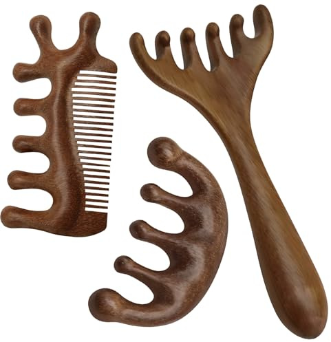 Lot de 3 peignes en bois de cerf, demi-cercles, pour Tai Chi, massage de la tête, anti-stress, en bois, résistants aux dommages,Masseur de grattage de tête portable, masseur de tête pour cuir chevelu