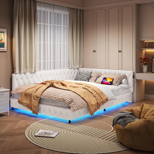 Einzelbett L-Shaped 140 x 200 cm mit LED-Beleuchtung und USB-Anschluss, beigefarbener Teddy-Stoff, Metallrahmen mit Holzlatten – kompaktes Design für kleine Räume (Beige-C, 140 x 200 cm)