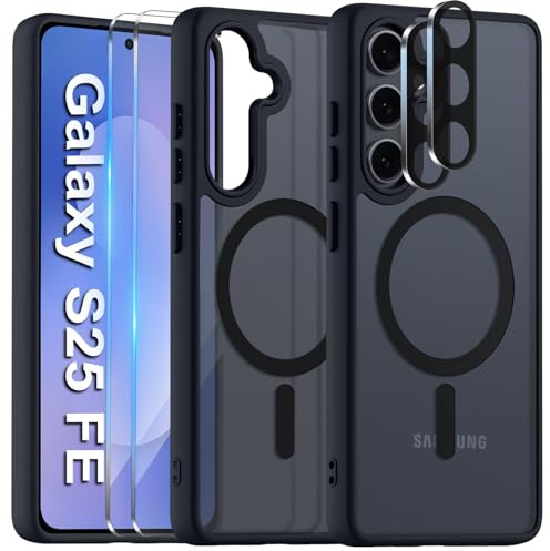 COPIKE Funda Magnética para Samsung Galaxy S25 FE 5G con 2 Cristal Templado y 2 Protector de Lente Cámara, Compatible con MagSafe Carcasa Antigolpes Translúcida Trasera, Mate Negro