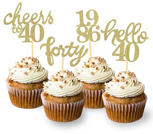 24 Stück Glitzer 40. Geburtstag Cupcake Topper, Geburtstagsdeko 40 von 1986 für Deko 40 Geburtstag, 40 Geburtstagsfeier Zubehör Party Dekoration Kuchendekoration (Neu Gold)
