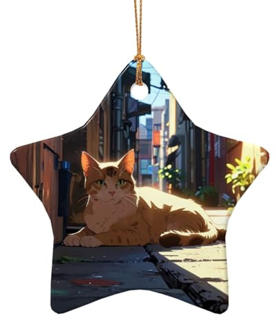 WZYCWB Ciondolo in ceramica a forma di stella con gatto randagio nel vicolo, perfetto per decorare l'albero di Natale in casa per feste invernali