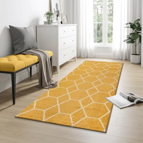 SANAT Wohnzimmerteppich – Pflegeleicht, für jeden Raum geeignet – Öko-Tex zertifizierter Flächenteppich – Trellis Muster, Gelb, 80 x 150 cm