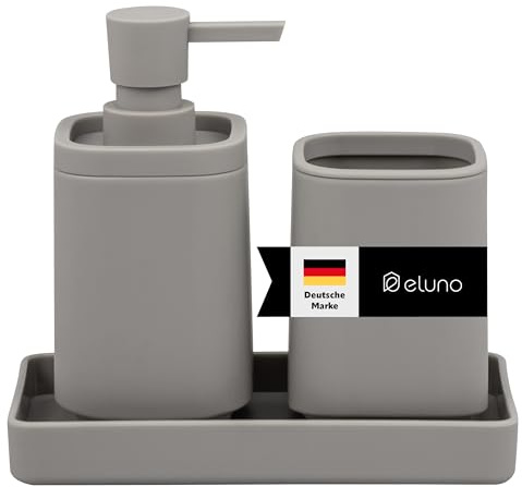 eluno Badezimmer-Set VALONA mit Soft-Touch Oberfläche, Bad-Accessoires Set 3tlg. aus 1x Seifenspender, 1x Becher und 1x Schale, für Badezimmer, Gäste-WC und Küche aus robustem Kunststoff (Taupe)