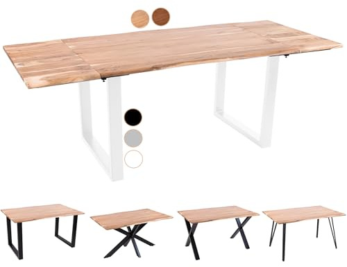 SAM Baumkantentisch 120 (200) x 90 cm Avino, Akazienholz naturfarben & massiv, Esszimmertisch mit 2 Ansteckplatten, Weißes U-Metallgestell, Esstisch ausziehbar 4-6 Personen