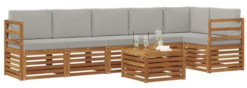 vidaXL Sofagarnituren 7 pcs Natürlich und Hellgrau Massivholz Akazie, Moderne Garten-Sofagarnituren, robuste Loungemöbel, Akazienmodule für entspanntes Chillen im Freien