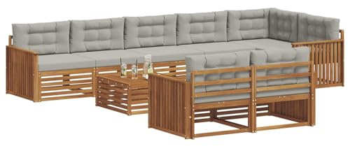 vidaXL Outdoor-Sofagarnitur mit Kissen 9 pcs Natürlich und Hellgrau, Garten, modernes Sofa für draußen, schicke Lounge-Möbel, haltbar und bequem für Deine Terrasse