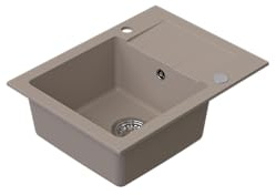 HOMEVELLO Spülbecken MIXA Einbecken Granitspüle 58x44x19,8cm Beige, Hochwertige Küchenspüle mit Siphon, Abtropffläche, Pflegeleicht, Kratzfest, Moderne Design, Perfekt für jede Küche