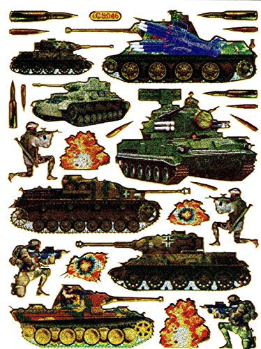 Charo Panzer Krieg Raketen Waffen bunt Aufkleber 25-teilig 1 Blatt 135 mm x 100 mm Sticker Basteln Kinder Party Metallic-Look