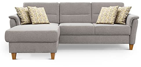 CAVADORE Schlafsofa Palera / L-Form Polstersofa mit Federkern, Schlaffunktion und Bettkasten / 244 x 89 x 163 / Chenille, Hellgrau