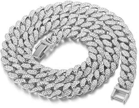 Halukakah Goldkette Herren Iced Out,Echt Weißgold Vergoldete 15mm Männer Choker Kette,Silber,Miami Kubanische Panzerkette,40cm,Geschenk für Mann