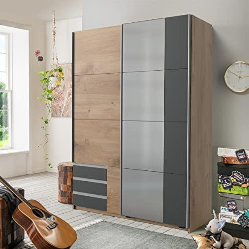 möbelando Schwebetürenschrank Schrank Schiebetürenschrank Schlafzimmermöbel Eugenio II Plankeneiche/Graphit