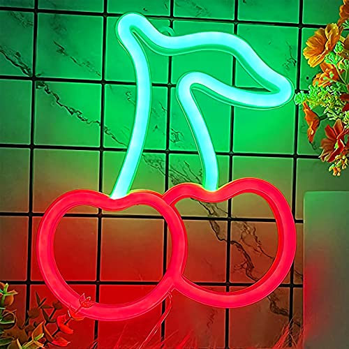 Kirsche Neon-Schilder, süße Frucht-Neonlichter für Wanddekor Batterie oder USB-betriebene LED-Leuchtschilder für Schlafzimmer, Kinderzimmer, Wohnzimmer, Bar, Party, Weihnachten, Hochzeit, Grün Rot