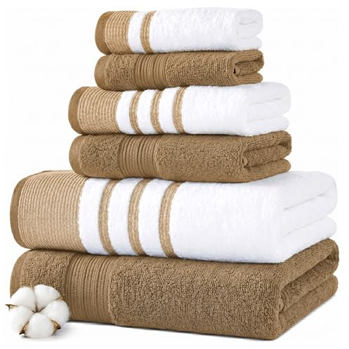 Modern Threads 6 Piece Bath Towel Set – Bathroom Towel Set with 2 Bath Towels, 2 Hand Towels & 2 Washcloths – 100% Cotton, Soft & Absorbent – Classic Border Stripe (Gold)