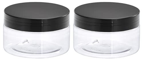 sourcing map Tarros redondos de plástico con tapa de rosca negra, 200 ml, recipientes vacíos transparentes de boca ancha para almacenamiento, organización, 2 unidades