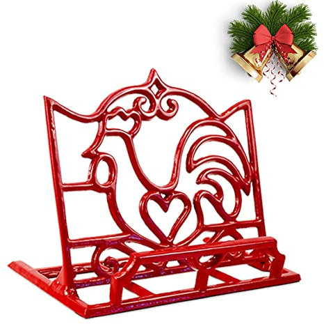 MINLUFUL Recipe Book Holder, Sturdy Cast Iron Metal Cookbook Stand for Kitchen Counter, Vintage Farmhouse Rooster Decoration Recipe Holder Cook Book Stand, Red