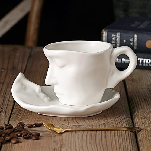 XIUWOUG Tasse et Soucoupe Cappuccino Latte,Tasses à café Expresso,9 oz Tasses de café en céramique pour Visage créatif,Tasses de thé et soucoupes Amusantes, Set, Micro-Ondes et Lave-Vaisselle,Blanc