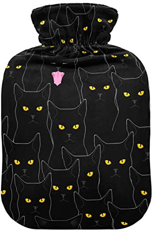 Cute Black Cats Hot Water Bottle with Cover Hot Water Bottles for Pain Relief Warm Water Bag Heating Bag for Headaches, 1L