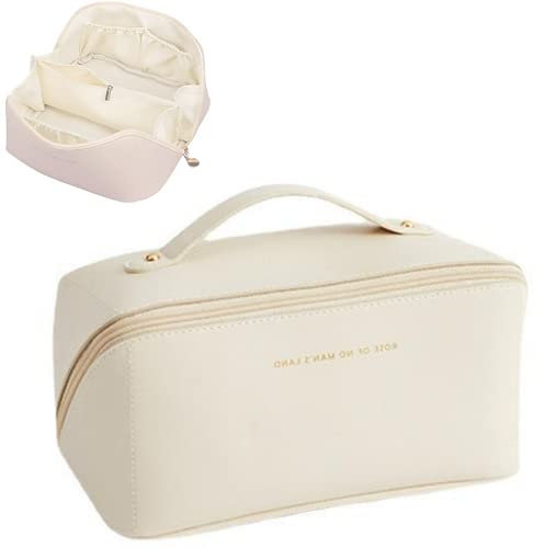 Large Travel Cosmetic Bag Cosmetic Organizer High Capacity Makeup Bag Storage Pouch PU Leather Makeup Box for Women Girls (Beige)