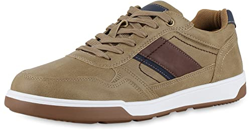 VAN HILL Herren Sneaker Low Flache Profilsohle Schuhe Bequeme Freizeit Schnürer Schnürschuhe 210619 Khaki Dunkelblau 42
