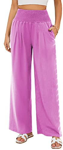 Famulily Pantaloni estivi da donna tinta unita da donna, vestibilità ampia, casual, in lino, con tasche, S-2XL, Rosa acceso, XL