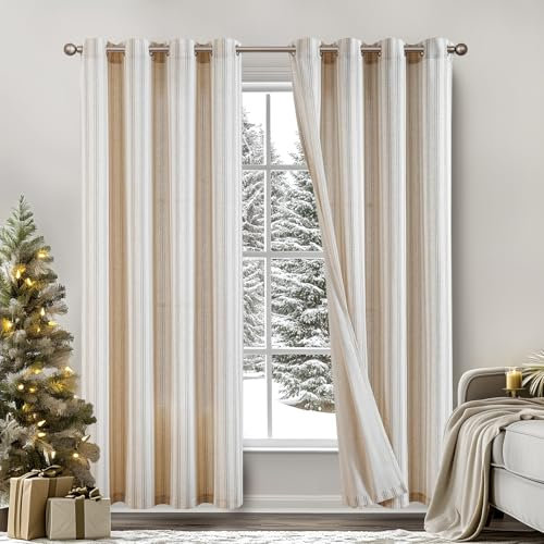TOPICK Leinen Gestreifte Vorhänge Grau Streifen Gardinen mit Ösen Ticking Streifen Muster Leinenoptik Vorhänge Lichtfilterung für Wohnzimmer Nadelstreifen Gardine Blickdicht 2 Stück H225xB130cm