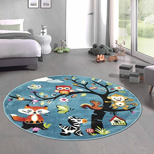 CARPETIA Teppich mit zahlreichen Tiermotiven | in der Farbe blau | Kinderfreundlich, 120 cm rund