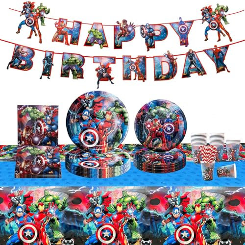 92 Pcs Avenge Birthday Decorations, Party Decorations Party Supplies Party Paper Plates Cups Napkins and Tablecloth, Kids Party Tableware Set for 10 Guests