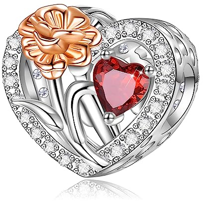 FOREVER QUEEN Damen Charms 925 Sterling Silber Geburtsstein Charms für Armband Halskette Geburtstag Charms Herzförmig Geburt Blume Charms