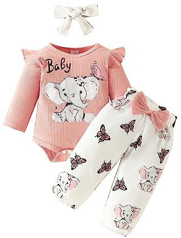 Himllauen Baby Mädchen Kleidung Langarm Body + Hose + Stirnband Elefant Print Babyset Kleinkind Süß Outfit (Dunkel Rosa, 3-6 Months)