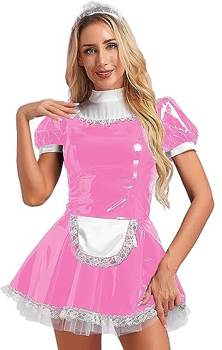 MSemis 3Pcs Damen Kostüm Dienstmädchen Lack Leder Kleid Lolita Cosplay Uniform Dessous Set Minikleid, Satin Schürze, Halsband Clubwear Gr. S-XL Rosa L 5XL