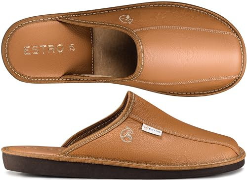 ESTRO Hausschuhe Herren Leder Herrenhausschuhe - Hausschuh Männer Pantoffel Pantoffeln Pantoletten Slipper Mann Warm RUST (45 EU, Gold)