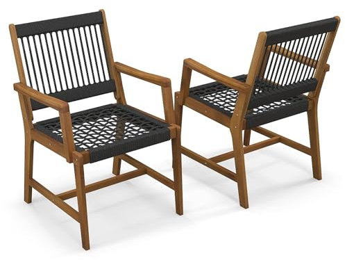 GIANTEX Lot de 2 chaises de salle à manger en bois d'acacia pour l'extérieur, chaises de jardin tressées avec accoudoirs, chaise en bois d'acacia avec tissage de corde en plastique, capacité de charge