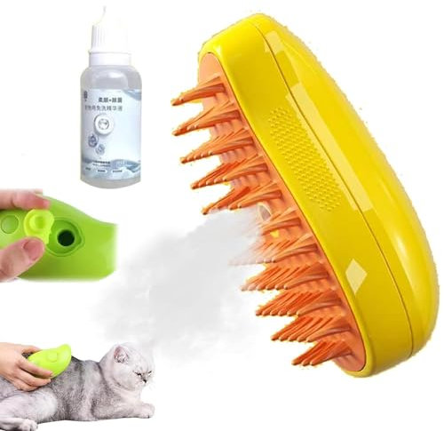 Katzenbürste mit Dampf, Katzenbürste mit Wasser, Steamy Cat Brush, 3-in-1-Dampfbürste für katzen, Katze Pflege Bürste Haustier Haar Entfernung Kamm für Katze und Hund (Gelb)
