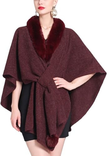 NAKEAH Écharpe châle à Manches Chauve-Souris pour Femmes, col en Fourrure, châle en Laine tricoté Ample de Grande Taille pour Femmes (Burgundy,One Size)