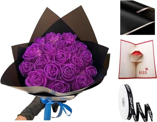 Eeiiey Glitzer-Rosenstrauß – (Selbstmontage), künstlicher Rosenstrauß, ewig, glänzend, Kunstrosen, Blumenstrauß, Liebesgeschenke für Valentinstag, Jahrestag, Verlobung (lila, 12 Rosen)