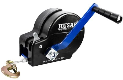 Husar Winch Treuil Manuel 1200 lbs 543 kg avec Casing, Corde en Acier 10 mètres, fabriqué en acier inoxydable, frein à cliquet, simple effet, pour bateaux, remorques, industrie
