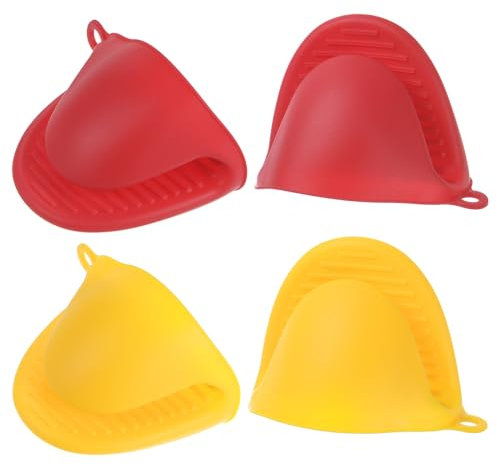 QUARKZMAN 2 Par Mini Silicona Horno Mitones 110x85x70mm Pequeños Calor Resistentes Goma Aire Freidora Guantes para Cocina y Hornear, Rojo Amarillo