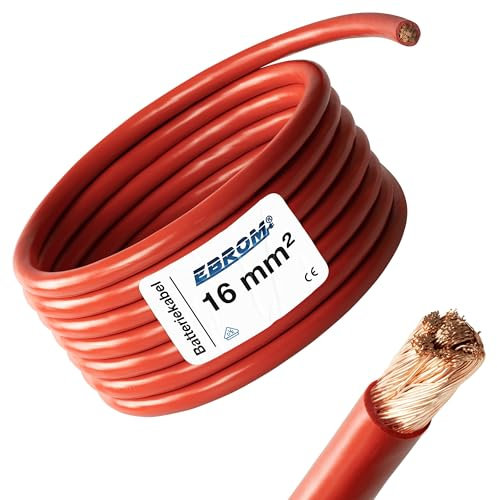 EBROM - 5 Meter Batteriekabel - Pluskabel - rot - 16mm2 | 16 mm² | 16 mm2 - Vollkupfer 99,9% OFC Kupfer Stromkabel - Ihre Länge: 5 Meter