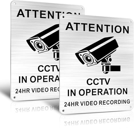 TAKULA 20 * 15CM CCTV in Operation Sticker Schild aus Gebürstetem Aluminium mit Lasergravur und Selbstklebendem Aufkleber,cctv Sign with Screw Holes|Pack of 2